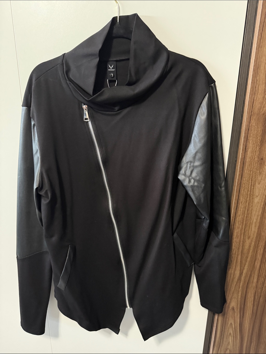 Black Asymmetrical Zip Jacket With Faux Leather Sleeves